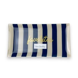 Vera Bradley Large Trinket Tray "Favorites" Midnight Floral Stripe Glass 9"×4.5"